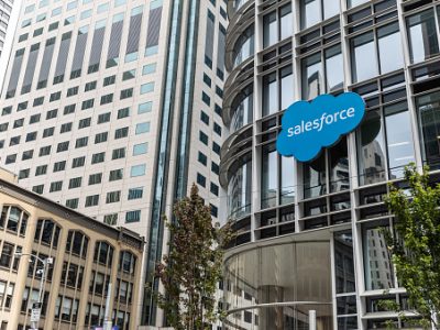 San Francisco, United States - August 24, 2018: Outside Salesforce Tower in San Francisco, located at 415 Mission St. Salesforce is an American cloud computing company with headquarters in San Francisco, California.